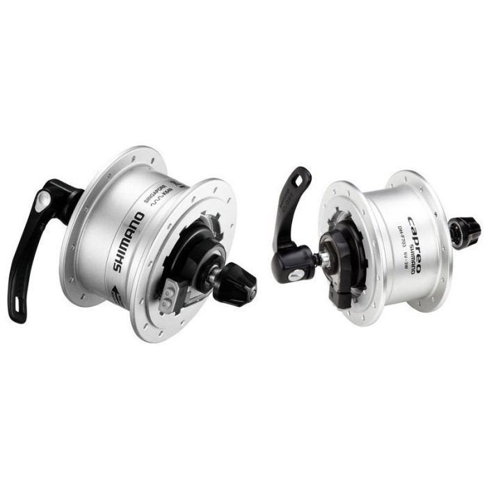 ΚΕΝΤΡΟ SHIMANO ΔΥΝΑΜΟ ΕΜΠΡΟΣΘΙΟ DH-F703-SB 28H, W/O Q.R. 6V-3W, OLD:74MM, ΜΕ ΑΞΟΝΑ ΓΙΑ BROMPTON, SHIMANO LOGO, SILVER, BULK.